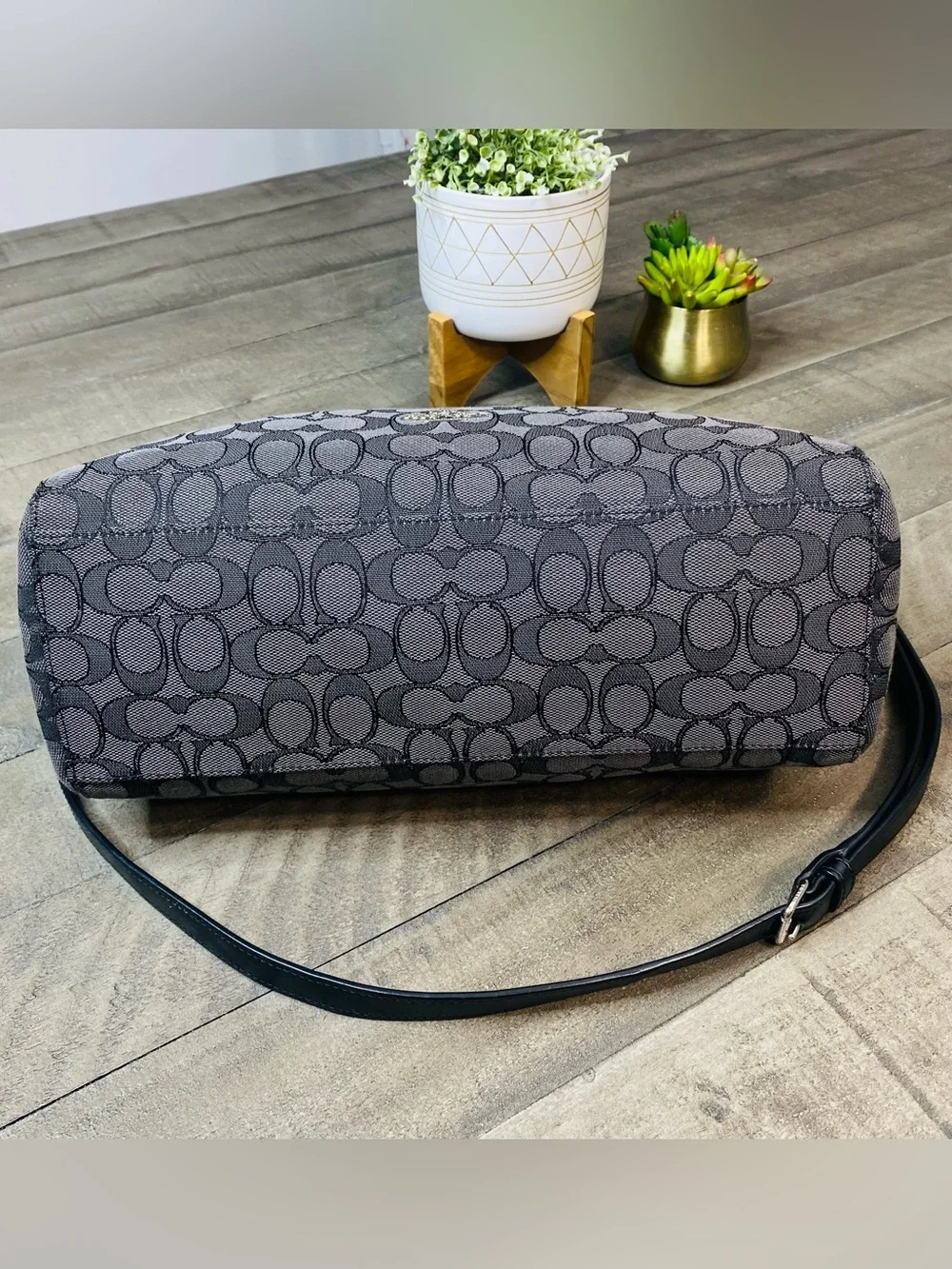COACH F58284 East/West Celeste Hobo Signature Canvas Bag Black Smoke/Black